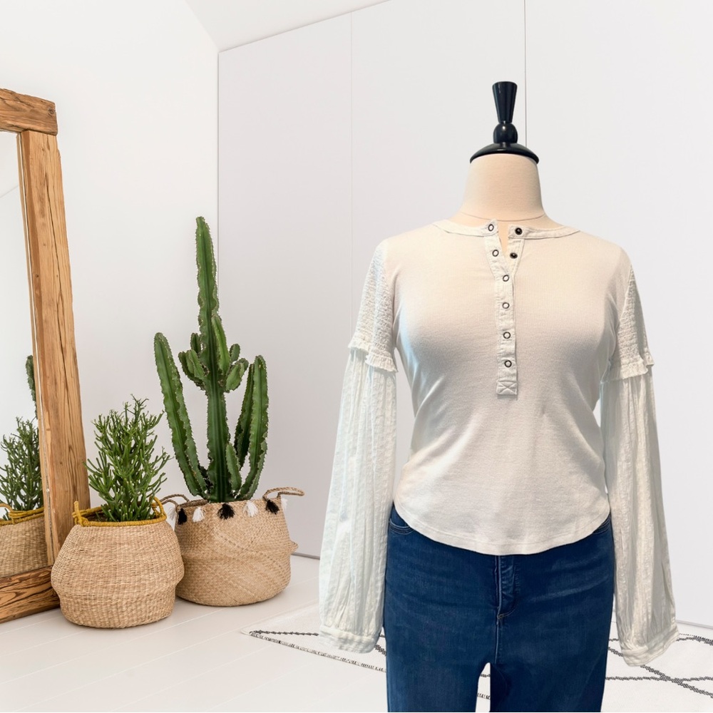 Pilcro Andie Balloon Sleeve Ribbed Henley Top